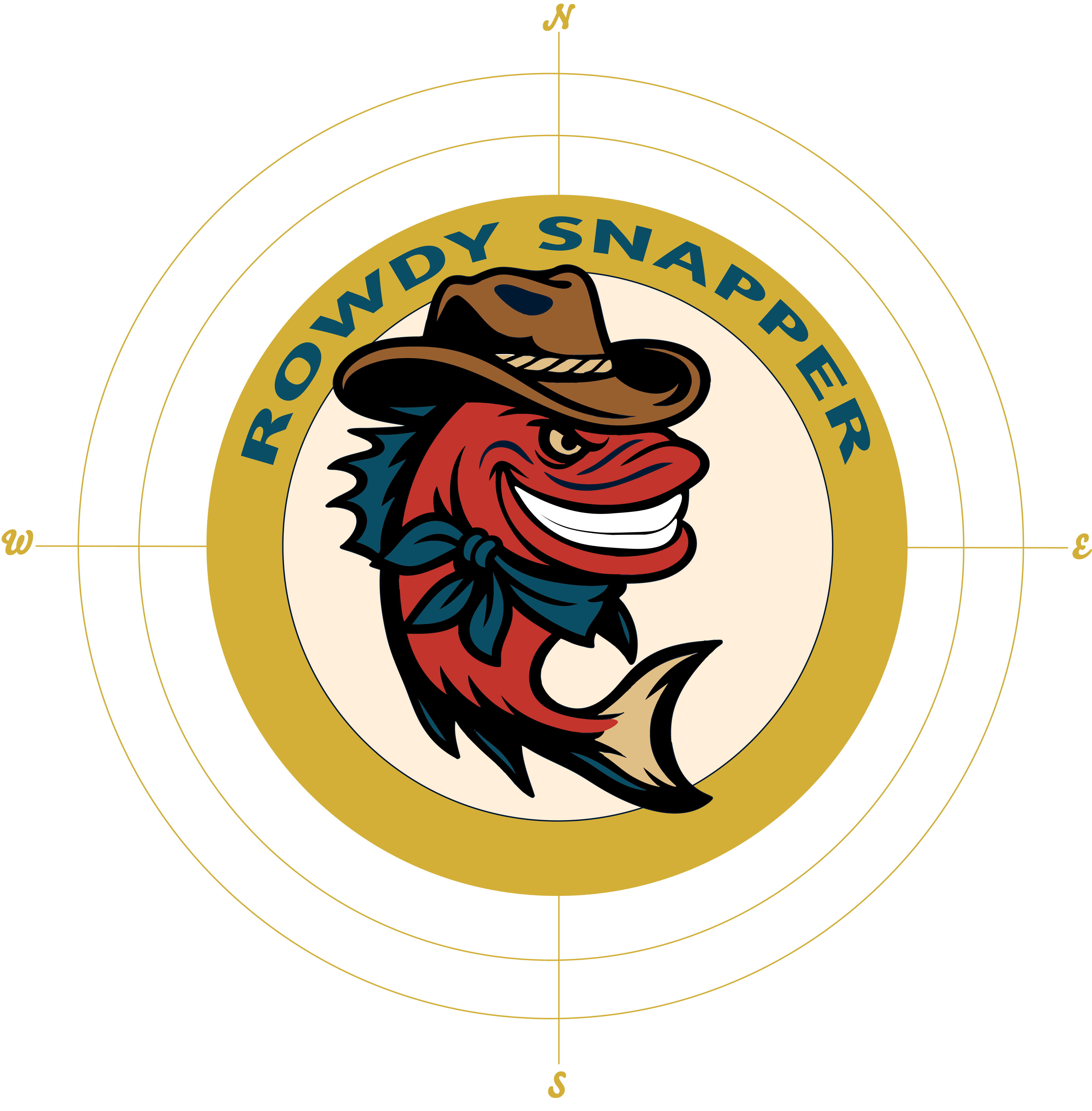 Rowdy Snapper — a red snapper in a cowboy hat, framed by a gold compass rose
